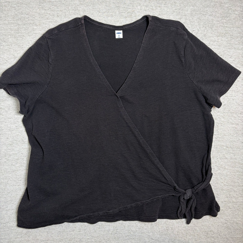 Old Navy Womens Wrap Top XXL Black Cotton Short Sleeve Side Tie V-Neck Casual